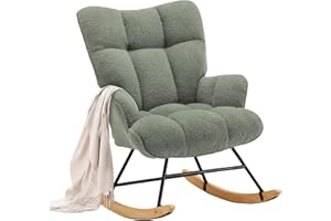XH.Easy Go Rocking Chair Nursery Teddy Upholstered Glider Rocking Accent Chairs Padded Seat with Rubber Wood Legs Armchair Comfy Side Chair for Living Room Bedroom Offices (Green Teddy)