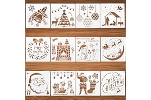 KIIWAH 12 Pièces Pochoirs de Peinture de Noël, Pochoirs de Peinture Pochoir Réutilisables Joyeux Noël Flocons de Neige pour Décoration de Noël, Scrapbooking, 13 * 13cm