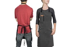 Chef Pomodoro - Tablier Cuisine Homme, Tablier de Cuisine Femme (100% Coton) - Tablier de Cuisine Professionnel, Taille Réglable, Parfait pour Cuisine, Barbecue et Grill (Tablier Noir à Rayures)