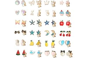 CASSIECA 24 Paires Boucles d'oreilles Clip Boucles d'oreilles Sans Oreilles Percées pour Fille Adolescente Femme Enfants Bambin Princesse Animaux MignonHypoallergénique Boucles d'oreilles Ensemble