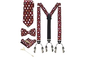 JEMYGINS Bretelle Uomo Natale Regolabili a Forma di Y da 3,5 cm e larghe con 6 Fermagli Robusti in Seta con Cravatta e Papillon Insieme Scatola Inclusa