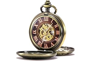 TREEWETO Unisex Taschenuhr mit Kette Analog Handaufzug Antik Skelett Römische Ziffern (Bronze054)