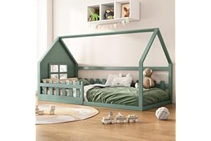 Huayz Letto per bambini 90 x 200 cm, Montessori con protezione anti-caduta e rete a doghe, in legno, per ragazzi e ragazze, senza materasso (verde, 90 x 200 cm)
