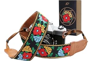 Padwa Lifestyle Kameragurt - 2" breiter Vintage-bestickter Baumwoll-kameragurte mit Rindsleder-Enden, kann als Gurt für alle Kameras, Fernglasgurt und Drohnenfernbedienungsgurt - Spring Flowers