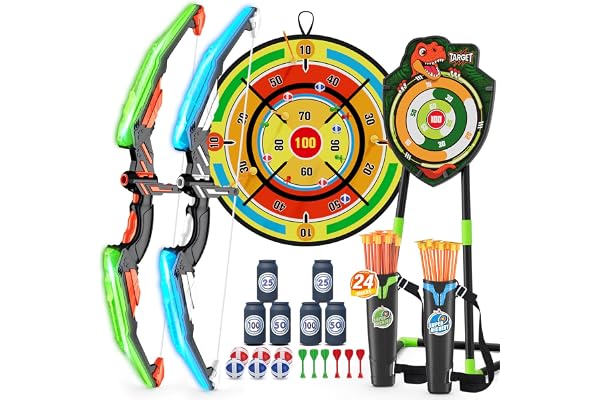 HYES 2 Pack Arc et Flèche Jouet pour Enfants, Kit de Tir à l'arc avec Lumières LED, Suction Cible Debout, 29'' Dart Board et Cibles de Score, Jeux Exterieur Interieur pour 3-12 Ans Garçons Filles