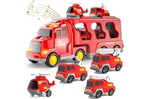 CI VETCH Feuerwehrauto Spielzeug für 1 2 3 4 5 6 Jahre alt Jungen Kleinkinder, 5 in 1 Kinder Träger Feuerwehrautos Autos für Kleinkind Junge Spielzeug Geburtstag, Auto Trucks Reibung Power Toys mit Licht Sound
