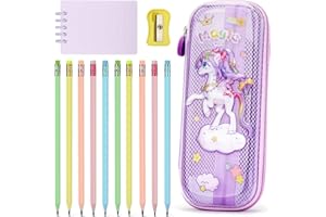 OPPZZIT 10 Piezas Lápices con Gomas Niños Regalo, Lápices para Niños con Estuche Escolar de Lápiz Unicornio, Regalos Cumpleaños Niñas 5 6 7 8 9 10 Años, Morado