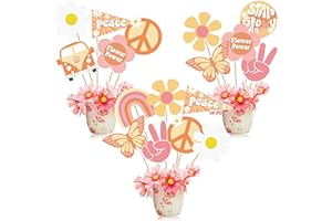 A1DIEE 30 Pieces Groovy Retro Hippie Boho Party Centerpieces Tables Toppers Cake Cupcake Topper Set Butterfly Daisy Flower Rainbow Birthday Cake Decorations Groovy 60s Party Accessories