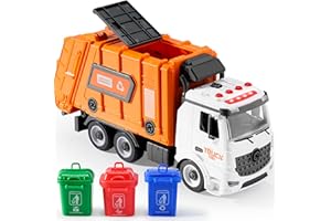 JOYIN Jumbo Take Apart Reibungsbetriebenes Side-Dump-Recycling-Müllwagen-Spielzeug mit Licht und Geräuschen, 3 Mülleimer, Schraubendreher-Spielzeug, für DIY-Montage, Orange