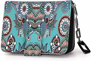 MOFUT Monedero para Mujer pequeño en Formato Corto, Monedero para Mujer con Estampado de Flores y Flores en Estilo Mandala y étnico, con Cremallera y botón de presión y Muchos Compartimentos., (Flor Verde)