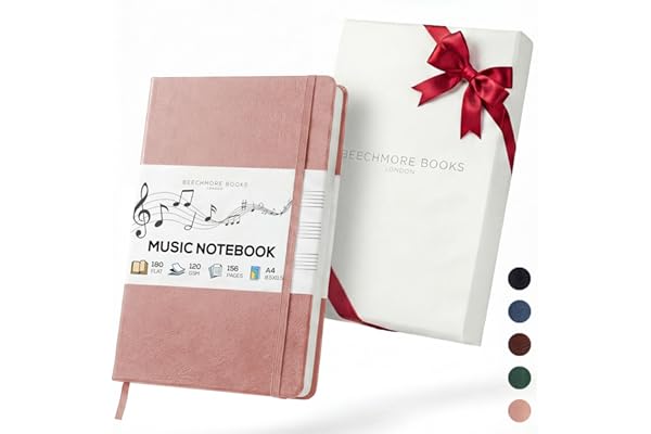 Beechmore Books Cahier de musique A4 (21,6 x 29 cm) – 156 pages, 120 g/m² | Couverture rigide simili cuir, portées perforées, ouverture à plat, coffret cadeau pour musiciens & compositeurs