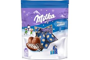MILKA - Bonbons de Noël Milka Oreo - Chocolat au Lait du Pays Alpin Fourré Crème Confiseur au Lait et Eclats de Biscuit Cacaoté - Chocolat de Noël à Offrir ou à Partager Sachet 14 Bonbons soit 86g