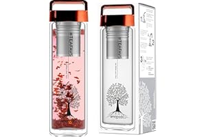 amapodo Bouteille Infuseur à Thé - Bouteille Isotherme 400ML en Verre Double Paroi, Filtre Inox - Infusion à Thé - Tea Bottle - Gourde Infusion Sans BPA