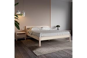 ‎HANSALES Hansales Holzbett 180x200 cm Kaja Scandi Style ohne Rollrost aus unbehandeltem hartem FSC® Birken Massivholz - über 350 kg - Doppelbett Bettgestell mit Kopfteil.