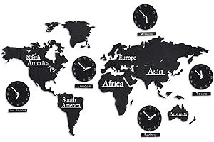 Relaxdays Mapa Mundi de Madera con 5 relojes Orologio Mappamondo da Parete in Legno, 5 Orari, 10 Città, Modello Cartina 3D, HxL: 61 x 113cm, Nero, Fibra