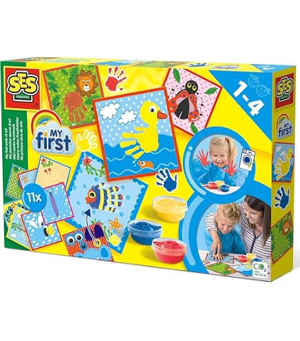 SES Creative Mi Primer Set De Pintura De Dedos – 10 Láminas De Animales + 3 Pinturas Hipoalergénicas – Juego Creativo Para Niños De 1 Año En Adelante – Ideal Para Regalar Y Estimular La Motricidad