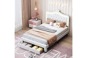JiaOyu Letto imbottito 140 x 200 cm con luci e cassetti, lussuoso letto singolo a LED, imbottito per bambini, a forma di corona, ideale per adulti e ragazzi, senza materasso (140 x 200 cm)