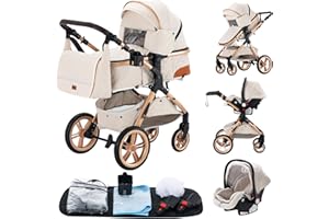 YAZOCO kinderwagen 3 in 1, Zusammenklappbar kinderwagen mit Wickeltasche,Komplettset Becherhalter,Moskitonetz, Fußabdeckung,Sitzzubehör (5 Creme)