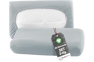 ‎BASATEX BaSaTex Bio Kissenbezüge Spannbezüge 2er Pack für Nackenkissen und Gesundheitskissen | 97% GOTS-Zertifizierte Baumwolle + 3% Elasthan | ca. 45-60 x 30-40 cm – 20 cm Steg | Silber