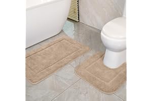 SOANNY Camel Bath Mat Set of 2, High Density Soft Microfiber Non-Slip Bathroom Mats with Water Absorbent, 53x86 cm Bathtub Rug & 50x50 cm Toilet Pedestal Carpet, Shower Rugs Machine Washable