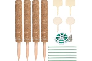 FINDIR 4 Pezzi Supporto Piante Rampicanti Cocco 40cm Piante Rampicanti Bastone Tutore per Piante Pampicanti Bastone Muschiato Cocco con Fascette da Giardino e Etichette Piante