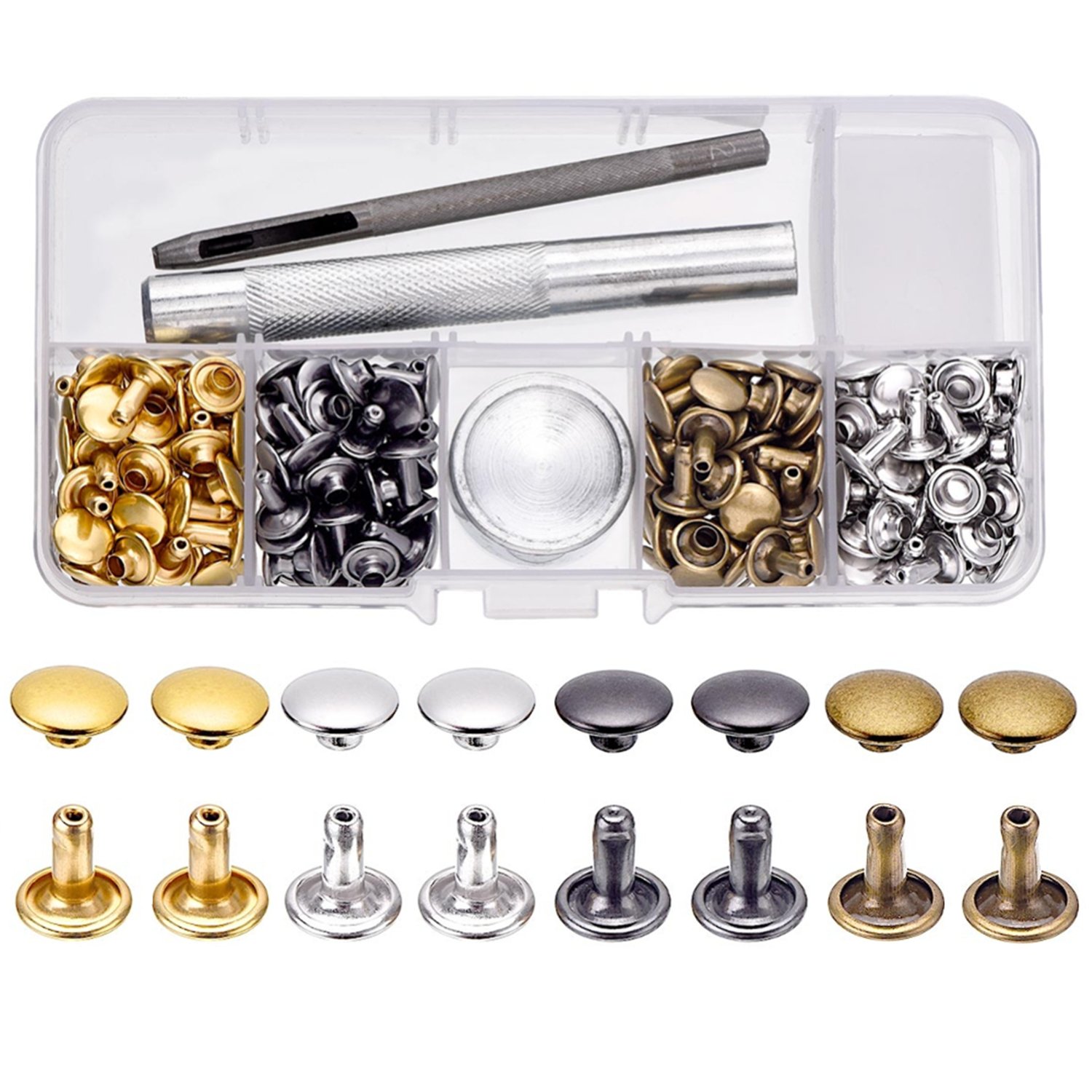 100 Set Leather Rivets Double Cap Rivets with Fixing Tool Kit for