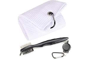 Mile High Life mikrofibra wzór waflowy potrójnie składany ręcznik golfowy | Zestaw narzędzi do czyszczenia z rowkiem klubowym, chowany przedłużacz i klips (biały ręcznik czarny pędzl)