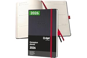 ‎SIGEL SIGEL C2608 Wochenplaner Wochenkalender 2026, ca. A5, schwarz, rot, Hardcover, 192 Seiten, Gummiband, Stiftschlaufe, Archivtasche, aus nachhaltigem Papier, Kalenderbuch Conceptum