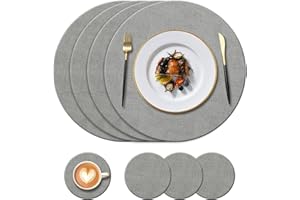 KERYCHIN Round Leather Placemats (34cm) and Coasters (10cm) Set of 4, Heat-Resistant 212 °F, Non-Slip Washable PU tablemats for Home, Hotel, Kitchen, Indoor, Outdoor, Glass Dining Table, (Grey)