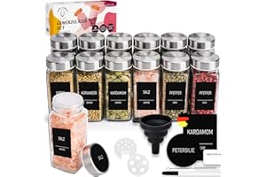 Happy Lemuro Gewürzgläser Eckig 120ml [12er Set] 279 Etiketten auf Deutsch. Gewürzgläser mit Streueinsatz, Edelstahldeckeln & viel Zubehör | Gewürzbehälter Set, Gewürzaufbewahrung, Gewürz Organizer