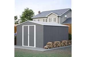 BIRCHTREE Garden Shed Metal Apex Roof 10FT X 12FT Outdoor Storage With Free Foundation Grey and White