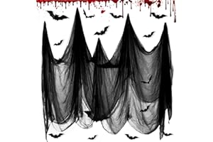 CZMAO Halloween Decorazioni, Panno Inquietante di Halloween,12 Pezzi Pipistrello Falso 3D Neri, Ragnatela Nera Filato di Cotone Festa di Halloween Decorazioni 215 x 800 cm