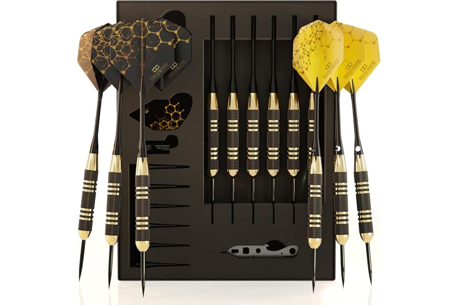 CC-Exquisite Professional Steel Tip Darts Set - 6 x 22g Brass Barrels with 12 Flights Standard/Slim, 12 Aluminum Shafts 35/48mm, 12 O-Rings, Dart Tool, Dart Sharpener and Case…