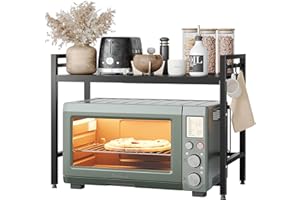 ‎NETEL NETEL Mikrowellen Ständer 2 Stufiges Mikrowellen Regal Organizer mit Haken, Rollen Schneidebrett Halter, Schwarz, Ausziehbar von 40-60cm