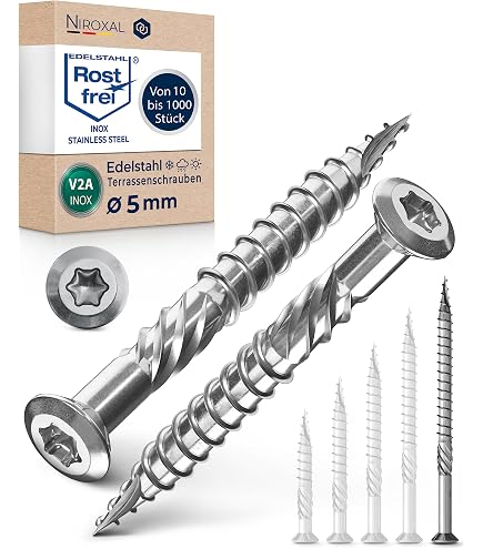 Viti Per Terrazze In Acciaio Inox C1 – 200 Pezzi 5x70 Mm Con Punta Magnetica TX25, Testa Svasata E Filettatura Seghettata