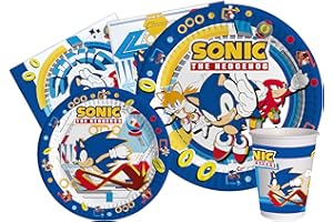 CIAO Kit Vajilla de Fiesta Sonic the Hedgehog para 8 personas (44 pcs: 8 platos Ø23cm, 8 platos Ø18cm, 8 vasos 250ml, 20 servilletas 33x33cm) de papel compostable eco-friendly