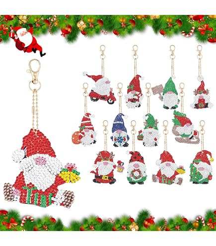 5D Gnomo Portachiavi Con Pittura Di Diamanti, 12 Pezzi Kit Fai Da Te Double Face, Con Strass E Accessori, Regalo Natale Per Bambini - 4