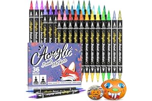 ANYUKE 36 Acrylic Paint Pens Paint Markers, Dual Tip Markers Rock Painting Kit for Stone Wood Glass Ceramic Plastic Eggs Pumpkin Halloween Crafts, Fine & Brush Tip Acrylic Pens (36)