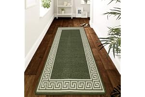 renoazul® Hallway Runner Kitchen Rug Non-Slip Washable Door Mat | 66 x 220 cm Anti Fatigue, Entrance Large Anti-Slip Floor Mat Stair Runner Rug Carpets - Greeky Rug - Green & Cream