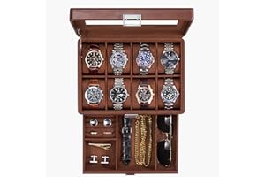 ProCase Estuche para Relojes, 8 Ranuras Caja Organizadora de Joyas con Cajón Multifuncional con Tapa Cristal Vidrio Vitrina Almacenamiento Porta Reloj para Hombres -Marrón