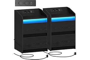 ‎HZUANERI Hzuaneri Nachttische 2er Set mit LED-Lichtern, Ladestation und 2 Schubladen, Beistelltisch mit USB-Anschlüssen & Steckdosen, Stilvoll und vielseitig, für Wohnzimmer und Schlafzimmer, Schwarz NS30104X