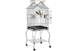 Yaheetech Gabbia Voliera per Uccelli Pappagalli Calopsite Inseparabili in Metallo con Piedistallo Tetto Apribile Chiudibile Nera 59 x 59 x 145 cm