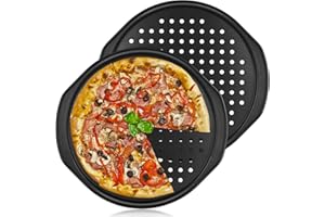 LOLYSIC 2 Pcs 14 Inch Pizza Trays for Oven Non Stick Pizza Pans Round Perforated Pizza Oven Trays Carbon Steel Baking Tray with Handle, Black