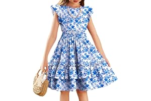 Arshiner Sukienka dziewczęca, z odkrytymi rękawami, dla dzieci, na lato, bawełna, odświętna sukienka o linii A, sukienka na czas wolny, sukienka swingowa, elegancka sukienka bez rękawów dla