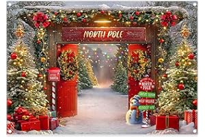 Luminora 2,1 x 1,5 m Nordpol, rote Holztür, Weihnachtsmann-Haus-Hintergrund, Feendorf, verschneiter Wald, Rentier-Hintergrund, Winter, Frohe Weihnachten, Dekoration, Party-Foto-Banner