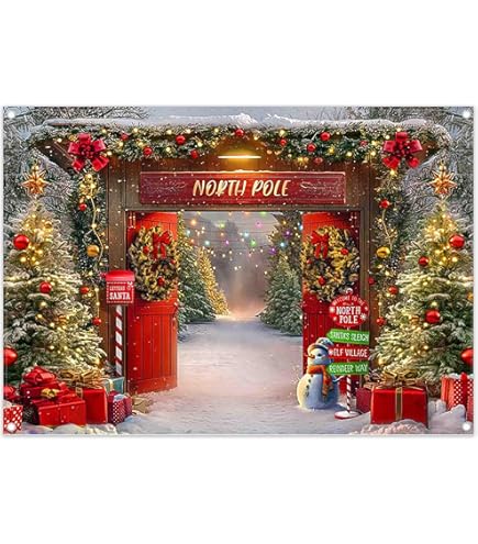 Toile De Fond Photo Noël 350x240 Cm - Scène Hivernale Porte Grange, Pôle Nord - Vinyle, Facile à Nettoyer, Pour Séances Photo Familiales