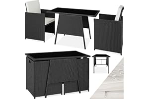 TecTake® Conjunto Jardín Exterior de Ratán y Aluminio, Muebles Jardín Exterior Resistente a la Intemperie, 2 Sillas con Cojines, Mesa Cristal, Apilable, Fundas Extraíbles - Negro