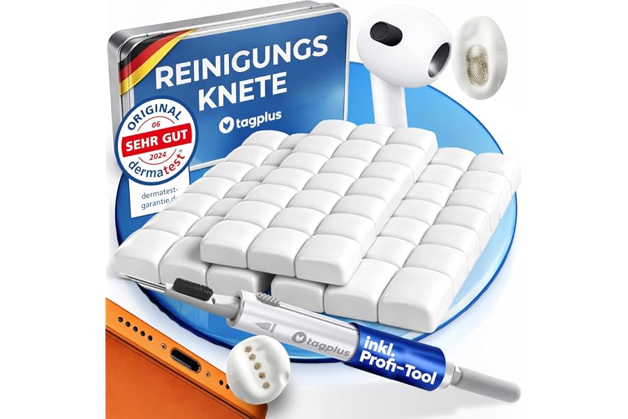 tagplus® Reinigungsknete Handy Reinigungsset für iPhone, AirPods, Kopfhörer | Reinigt Lautsprecher, Hörmuschel, Tastatur, AirPods Pro & Kamera. Dermatologisch getestet, schadstofffrei. Made in Germany.