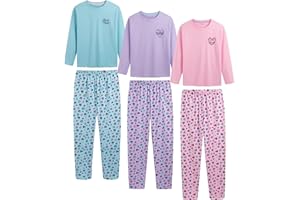 THE ESSENTIALS WARDROBE Girls Long Sleeve Pyjamas Set 3 Pack 100% Cotton Matching Top & Bottom Nightwear with Soft Breathable Fabric, Elasticated Waist & Tag-Free Lounge Set Machine Washable Kids Sleepwear Ages 8–13 Years