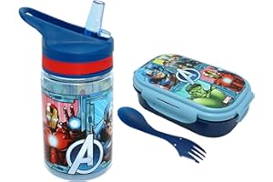 SRV HUB 3 botellas de agua Tritan de los Vengadores, caja de aperitivos de plástico de superhéroe con tenedor para niños escolares, 100% no tóxica y libre de BPA, caja de sándwich apta para microondas para